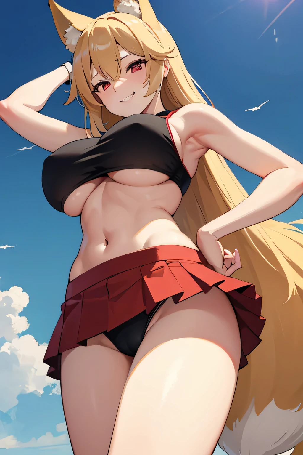 Masterpiece、Big Breasts、Underboob、Fox ears、Long blonde、Red Eye、Sports Bra、mini skirt、Panty shot、smile、Angle from below