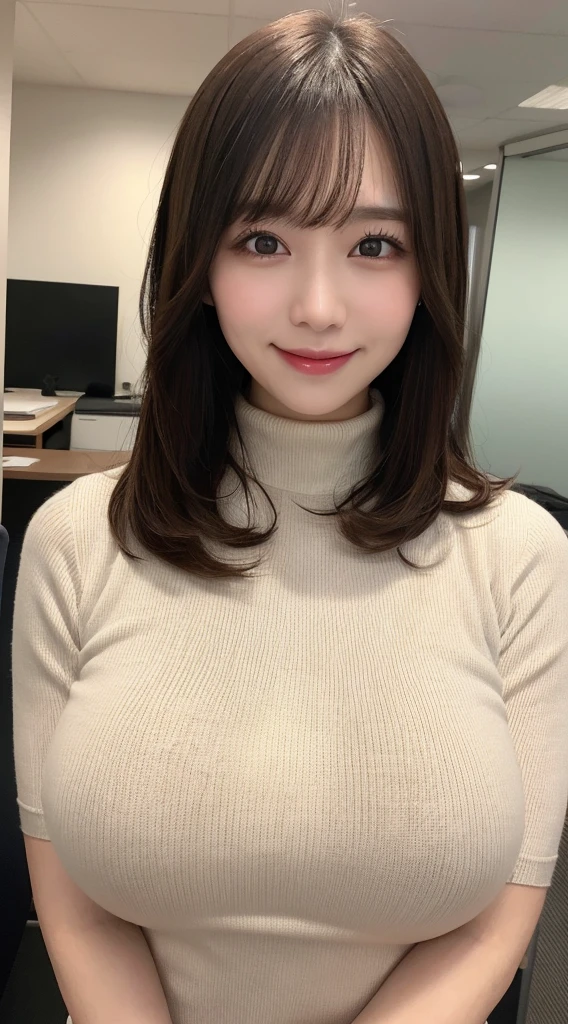 Office Lady,whole body, Are standing,Shedding bangs, Knit dress, turtleneck, highest quality,  Very detailed, finely, High resolution, 8k wallpaper, Perfect dynamic composition, finelyて美しい目,  Natural Lip, (Saggy big breasts:1.3), smile,Lower Body