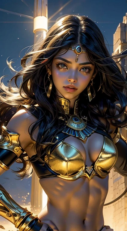 Beautiful Egyptian cybernetics girl looking at camera in underwear detailed muscles realistic masterpiece, Pose ativa, Action Pose, luz LED, Gold Parts, franja, cabelo curto, vista traseira, costas