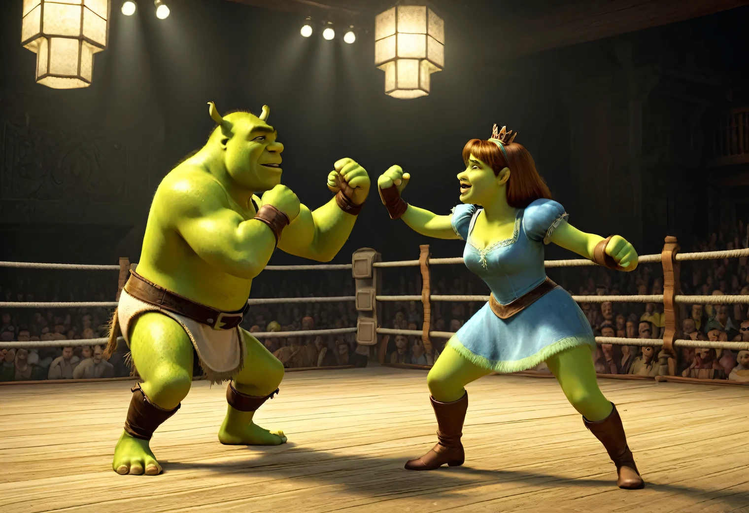Boxing match, (1 Shrek and 1 Princess Fiona):1.505 in the ring wearing boxing gloves, full body, full posture, cruel faces, emotions of anger, grin, sweat, tension, (active punching scene):1.4035, 2 characters in total, viewers in the background, high resolution, real, detailed, Cinematic frame, Cinematic