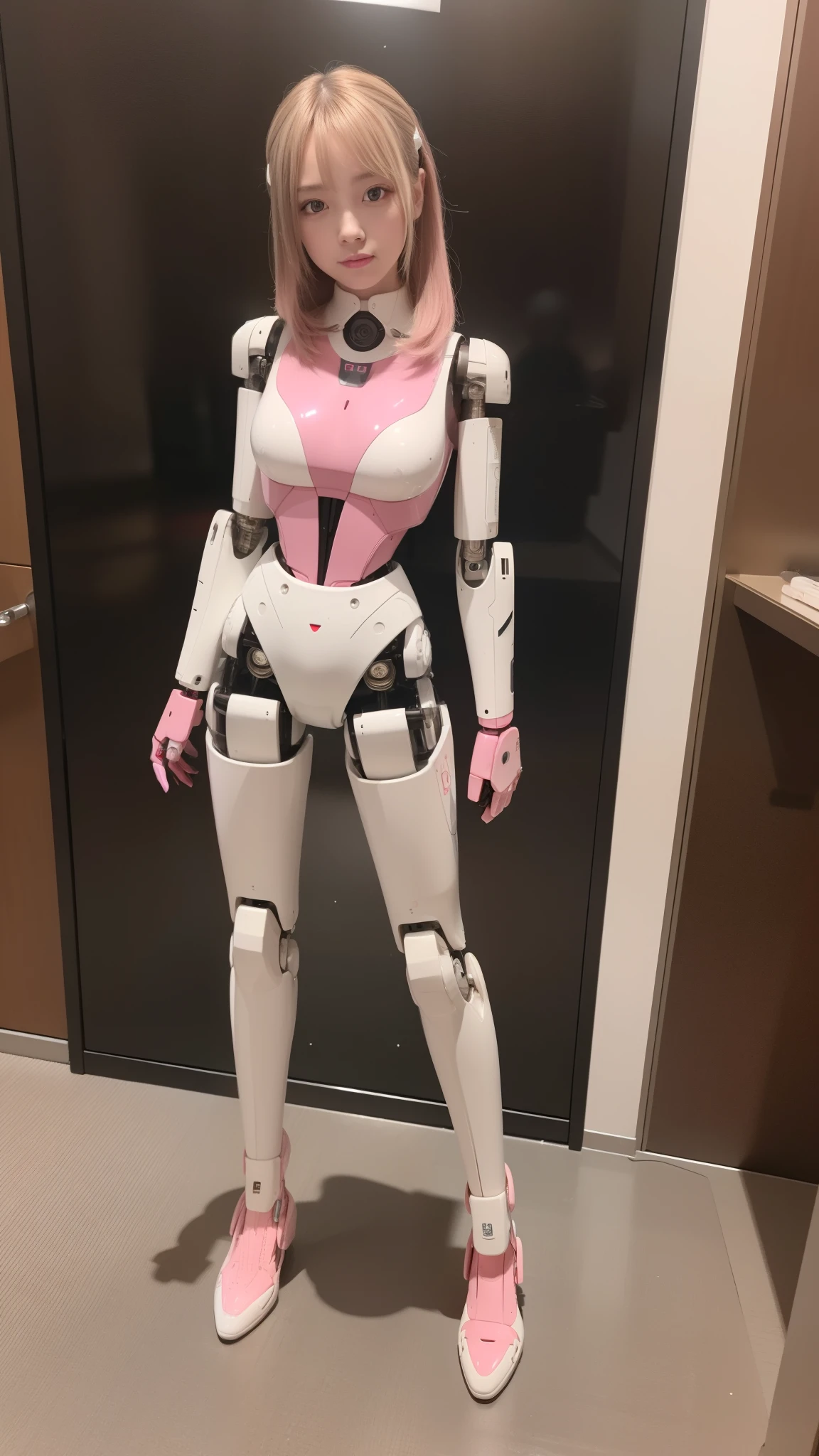 masterpiece, best quality, extremely detailed, (8K, 4K, Best Quality, Hight resolution, 超A high resolution:1.1), 8K portrait,1girl in, Japanese android girl, android teacher, control panels, android, Droid, Mechanical Hand, ,Robot arms and legs, Black hair, Mechanical body, Blunt bangs, Pink Robotics Parts, perfect robot woman, Charging spot, Long Tube, A thick cable was connected to her neck, ceramic body , android, robot humanoid, panty, full eyes, perfect mechanical body, pink robotics body, future assembly plant, Pink body, She has repaired, lack sponge joints, android assembly plant, android, laboratory, platform boots, perfect machine body, pink robot body