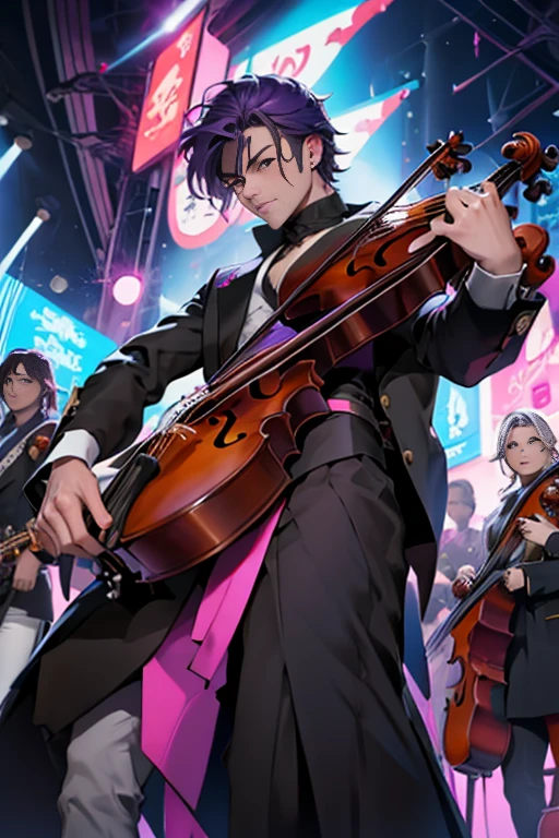 los violinistas vivaldi y paganini en concierto (( luces neon reflejan en ellos mientras las sombras esconden parte de sus cuerpos) ellos tocando sus violines sale fuego de sus violines fuego de neon morado(In the anime and manga style comic)) en un concierto se encuentran los artistas ( paganini y vivaldi ) en su mejor concierto. 