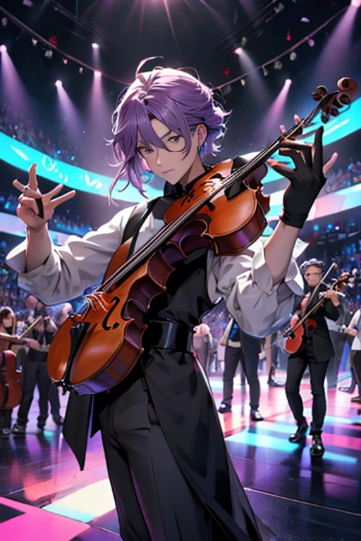 los violinistas vivaldi y paganini en concierto (( luces neon reflejan en ellos mientras las sombras esconden parte de sus cuerpos) ellos tocando sus violines sale fuego de sus violines fuego de neon morado(In the anime and manga style comic)) en un concierto se encuentran los artistas ( paganini y vivaldi ) en su mejor concierto. 