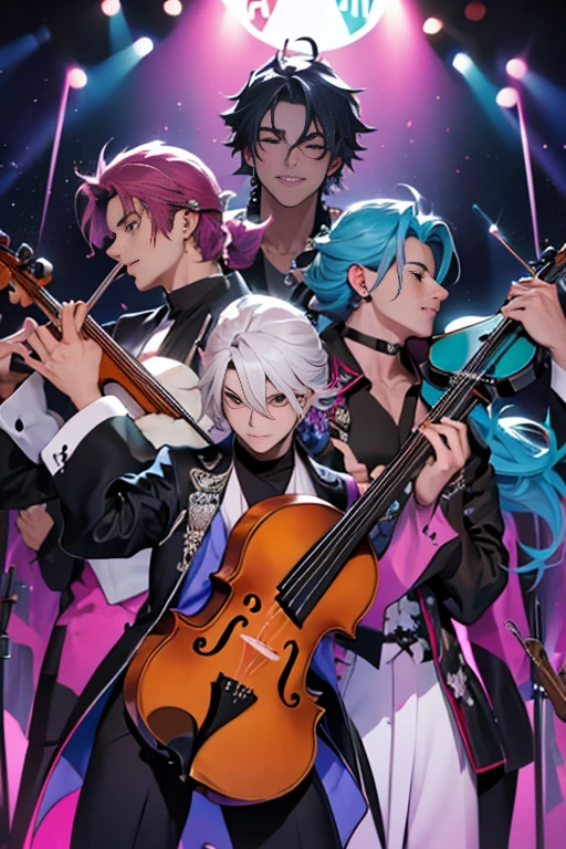 los violinistas vivaldi y paganini en concierto (( luces neon reflejan en ellos mientras las sombras esconden parte de sus cuerpos) ellos tocando sus violines sale fuego de sus violines fuego de neon morado(In the anime and manga style comic)) en un concierto se encuentran los artistas ( paganini y vivaldi ) en su mejor concierto. 