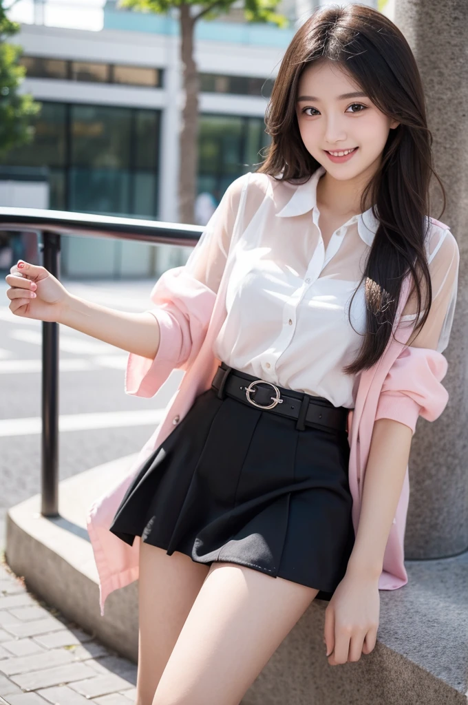 Beautiful Girl 18 years old is smiling in University. She wear see through shirt and black short mini skirt. Small legs, brown belt , put on make up, pink mouth, sexy post.