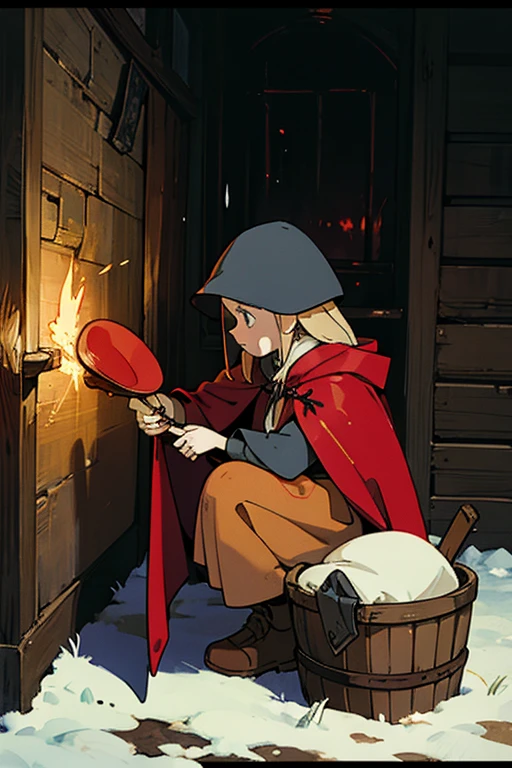 Wearing a tattered red cloak, wearing a hat with a cloak, golden hair, a with a basket in front of her, squatting in the corner of the wall, holding a lit match with sparks, surrounded by crowds. On a snowy night, dark and sad in expression