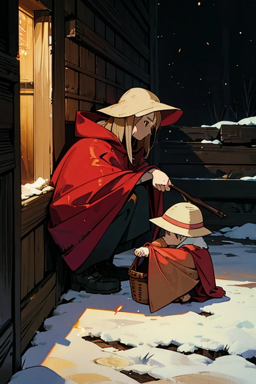 Wearing a tattered red cloak, wearing a hat with a cloak, golden hair, a with a basket in front of her, squatting in the corner of the wall, holding a lit match with sparks, surrounded by crowds. On a snowy night, dark and sad in expression