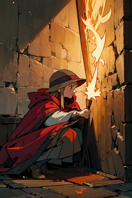 Wearing a tattered red cloak, wearing a hat with a cloak, golden hair, a little girl with a basket in front of her, squatting in the corner of the wall, holding a lit match with sparks, surrounded by crowds. On a snowy night, dark and sad in expression