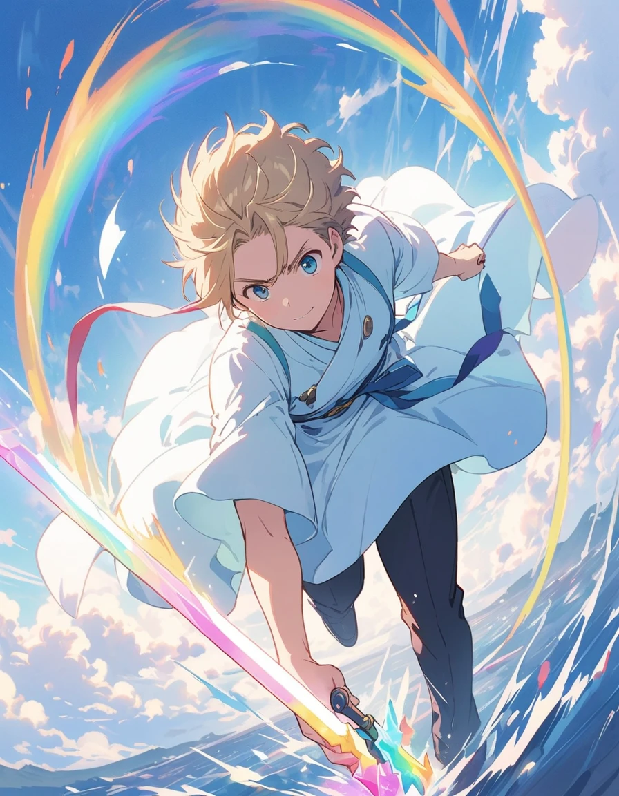 (ung man:1.4、Brave)、(Handsome)、Fantasy、(White and light blue dress:1.5、Director's Suit:1.4)、(twin sword:1.4)、(He holds a rainbow-colored sword in each hand.)(highest quality、masterpiece、High resolution、detailed)、animeスタイル、Flat Style、(eyes shining iridescent colors illuminated light,、detailed美しい顔), BREAK,extremely detailed、Slashing Effects、cool、Full Body、Dynamic Angle、anime