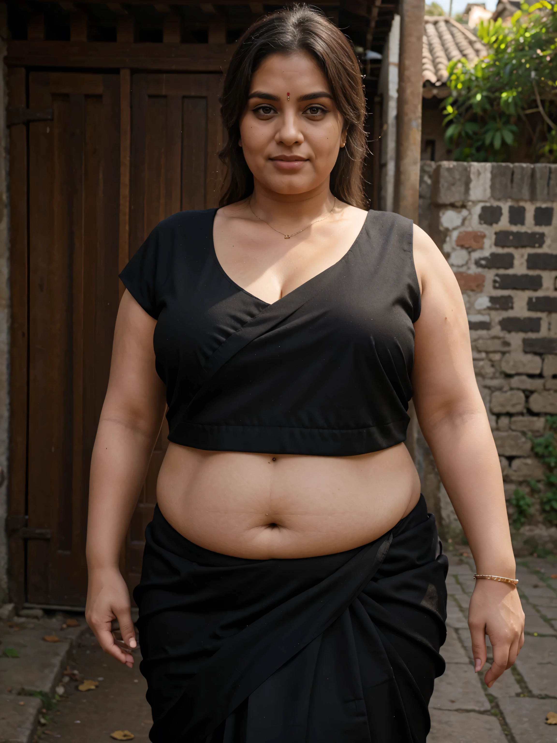 45 years old woman wearing black saree and background village fat woman 