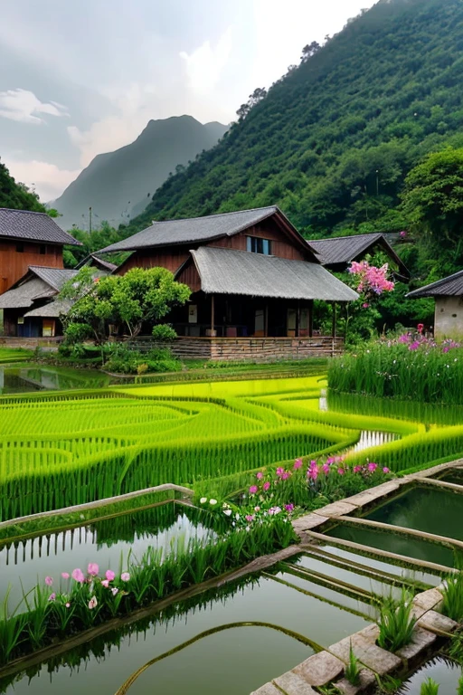 Cozy house at the rice field of the village, has swimming pool in front of the house, has mountain, with so beautiful flowers, waterfall at the side of the house 