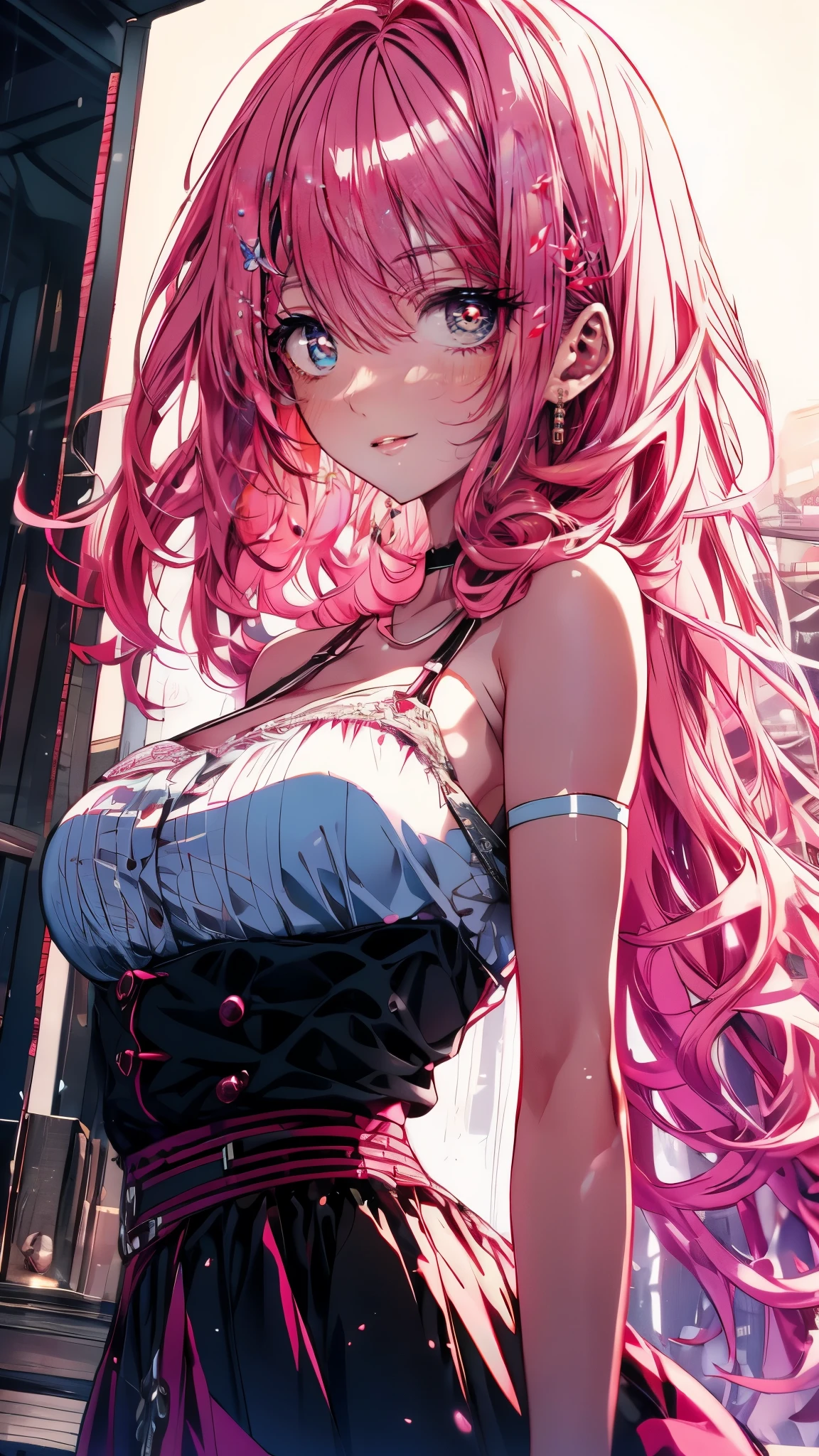 middle-aged girl,long pink hair, reddish-pink lips,In a bright white shirt,Pastel palette in aurora punk style,anime illustration of her face,Animated GIFs,Hand-drawn animation,Fascinating sketch,smooth and shiny,Foggy romanticism,Super flat style,White background -- ar 1:1-niji 5-expressive style-with 50,cleavage,large breasts,Shoulder straps are detachable, castle in the background