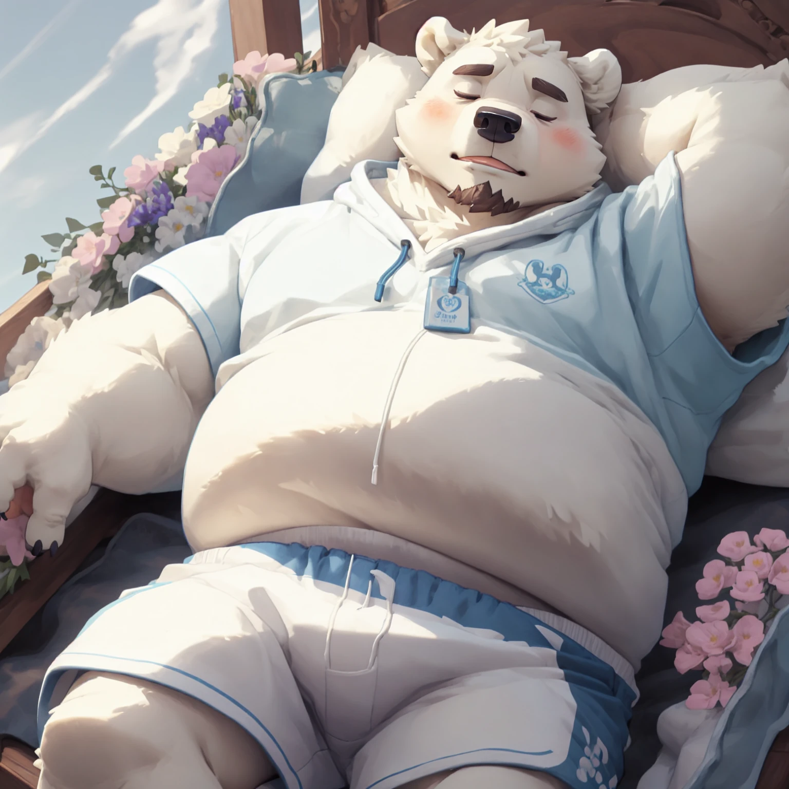 New Jersey 5 Furry,polar bear，portrait,Unique，Exquisite， Chubby，Fat，Thick arms，Rugged muscles，White plush fur，Chubby脸，Black eyebrows，Sky blue eyes，Beard，White sweatshirt，shorts，Sea of Flowers，Lie down，Close your eyes，Sleeping like a baby，Sunlight，blush