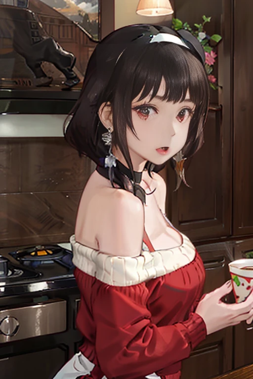 masterpiece, yor, 1girl, Amazing Cleavage:1.3, thin waist, big ass, Raised , medium breast: 1.6 posed cleavage:1.2、solo, looking at viewer, open mouth, have a cup of coffee,black hair, red eyes, dress, bare shoulders, jewelry, collarbone, sidelocks, hairband, earrings, indoors, off shoulder, :o, sweater, arms behind back, plant, short hair with long locks, white hairband, off-shoulder dress, sweater dress, off-shoulder sweater, red sweater:1.2, big side hair, very long side hair,is rendered in (masterpiece: 1.2, best quality), with (ultra high resolution) and an exquisite (depth of field). This masterpiece is not only visually stunning but also tells, make of cooking chainese foods ,in the kitchen
