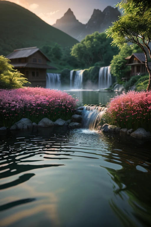 Cozy house at the rice field of the village,swimming pool,beautiful flowers,waterfall,mountain,(best quality,4k,8k,highres,masterpiece:1.2),ultra-detailed,(realistic,photorealistic,photo-realistic:1.37),HDR,studio lighting,ultra-fine painting,sharp focus,physically-based rendering,extreme detail description,professional,vivid colors,bokeh,portraits,landscape,photography,concept artists,warm and vibrant color palette,natural lighting