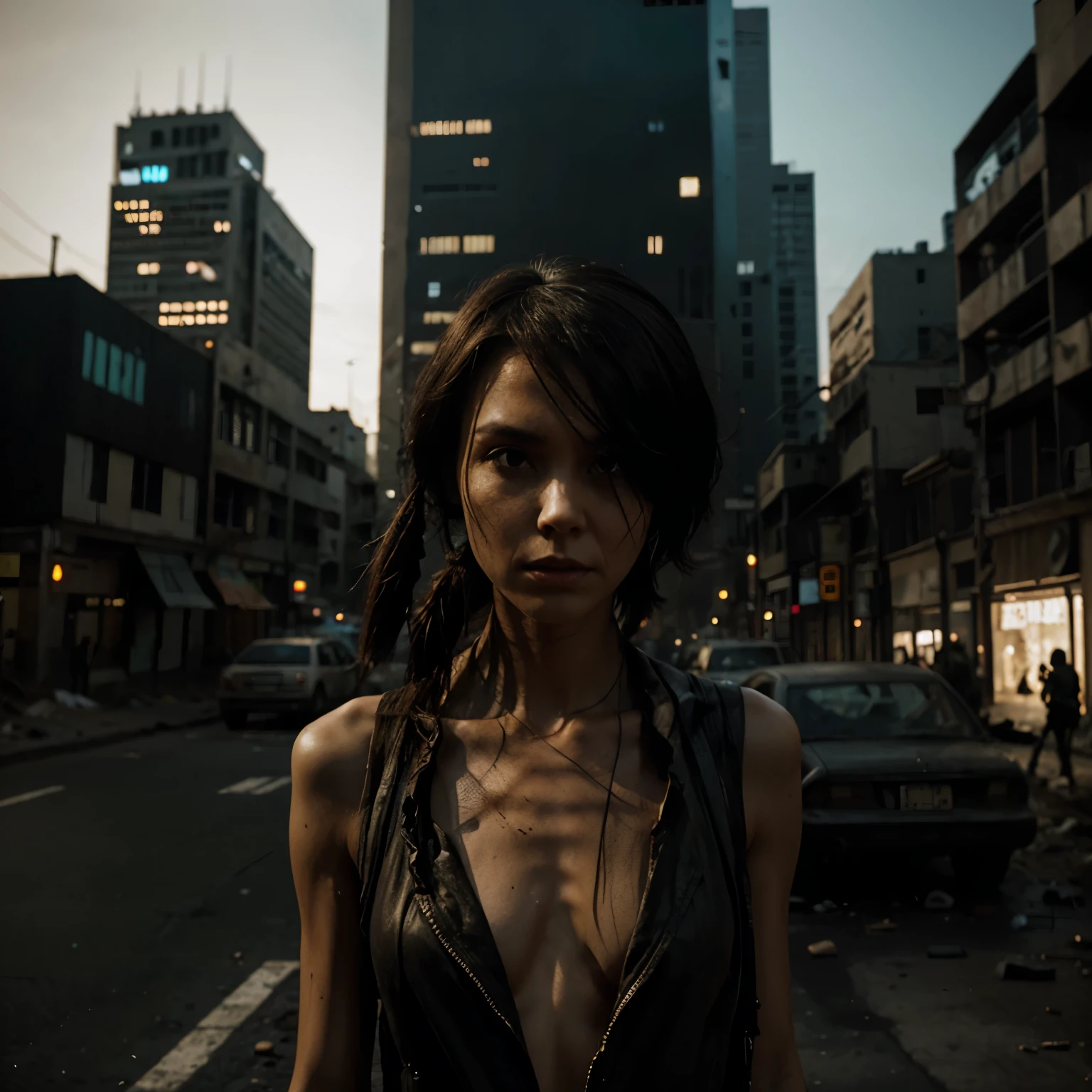 Malnourished lost in post-apocalyptic city surrounded by human skulls