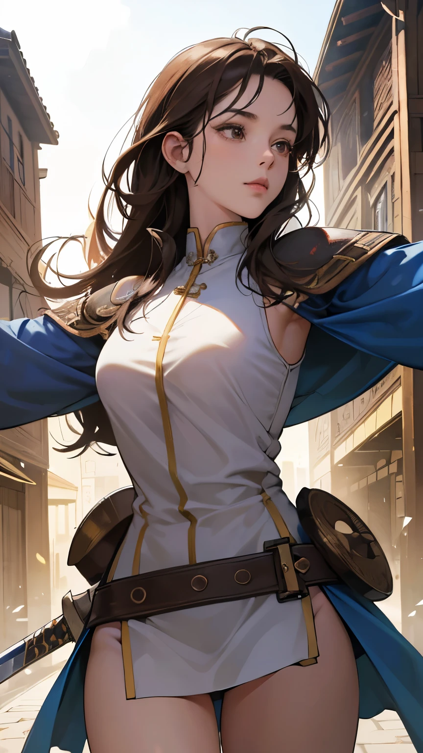 (absurdres, highres, ultra detailed),masterpiece,best quality,high resolution,8k,Realistic face,Realistic skin texture,magnified textures, stunning clarity,ultra detailed anime girl,(medieval central asia:1.3),action pose,dark brown hair,gape,have sword,look at viewer,cowboy shot,silkroad,oasis,(central asia market:1.2),perfect anatomy