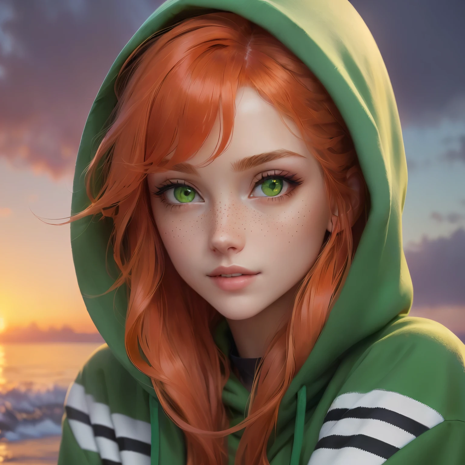 (best quality, masterpiece) high resolution illustration of a long bright red wavy hair girl, freckles, long eyelashes, large wide green eyes, stunning eyes, subtle smile, parted lips, wearing a oversized green hoodie, hoodie up, comfy, cozy, close-up shot, orange and purple sunset background, detailed, hyper detailed, reflective eyes, white stripe arm warmers, black simple choker necklace, anime, artstation, deviantart, pixvi, Cgsociety, behance, pinterest anime, pinterest niji anime