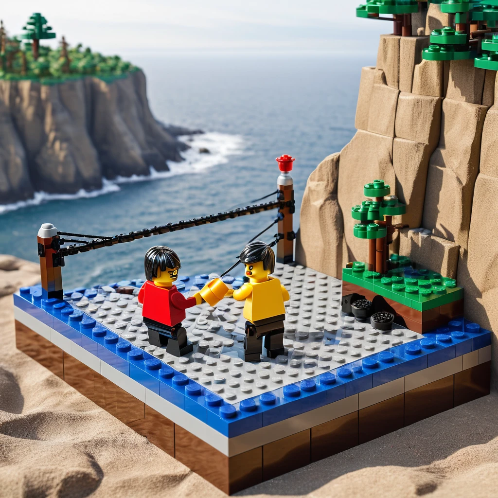 (best quality, high resolution, Lego boxing match on the cliff