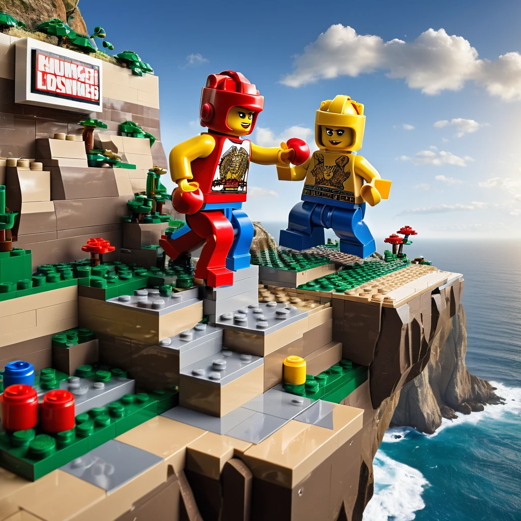 (best quality, high resolution, Lego boxing match on the cliff