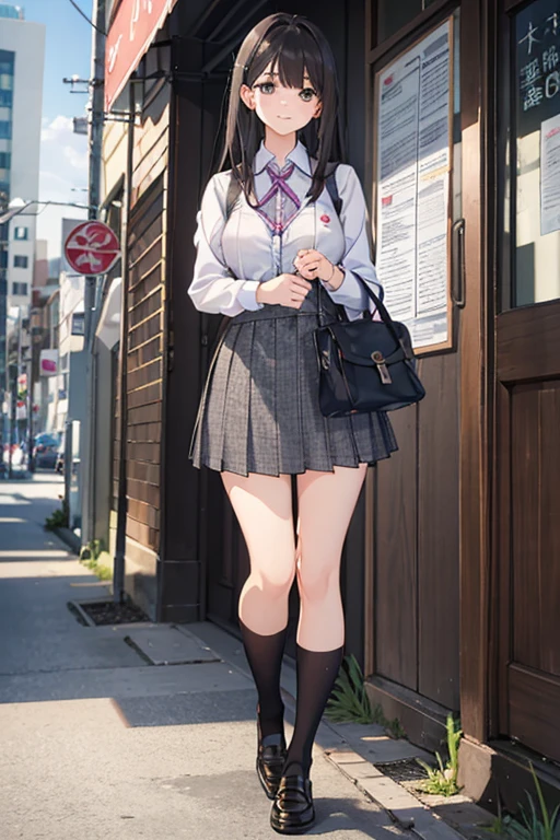 masterpiece, highest quality, One girl, Idol,Young Wife,Thighs, beautiful girl, Most detailed, Very detailed, Super detailed, In detail, Very detailed目と顔,masterpiece, highest quality, photograph,One girl, Nogizaka_Costumes, Thighs, beautiful girl, View your viewers, Small waist,Symmetrical face, RAWphotograph, High resolution, Anime Style, Sharp focus, Most detailed, Very detailed, Super detailed, In detail, Very detailed目と顔、whole body、Beautiful clavicle、White lace bra、Knee socks、Cleavage、Tomboy、Large Breasts、smile、Embarrassed、smile、Long Hair、Big red ribbon、黒いKnee socks、細いThighs、blue sky、On the way to school、Small black leather school bag、Run、Hold a loaf of bread