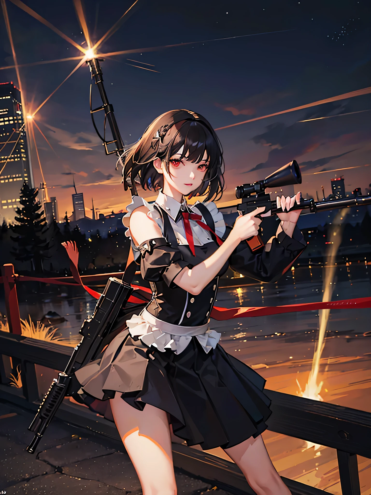 Master piece, Best quality, 1girl,at dark night,Japanese maid fashion,She has a sniper rifle bigger than her body, black hair, short hair, red eyes,High ground with a view of the city,A large number of shell casings are lying around,put one foot on the fence,Her hair dances in the night wind, high-definition,