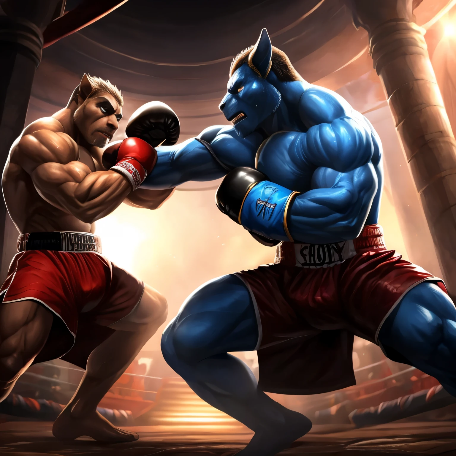 A thrilling and intense boxing match unfolds in this vividly depicted scene. The ring is bathed in dramatic, cinematic lighting, casting deep shadows and highlighting every muscle and sinew. Two powerful, muscular males square off against each other, their determined expressions and focused gazes betraying their intent to emerge as the victor.
The boxer on the left, wearing red gloves and shorts, bounces on the balls of his feet, his body coiled like a spring. His opponent, clad in blue, matches his stance, his eyes narrowed, a bead of sweat trickling down his temple. The air crackles with anticipation.
The atmosphere is electric - the