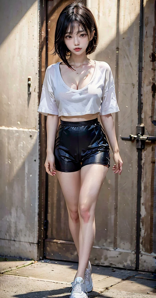 realistic, 1girl, standing, dark alley, black bob hair, silky hair, hair with bangs, open shiny yellow tracksuit, cleavage revealed, low waist boxer short, tight outfit, crouch, tights, kness, white sneakers 