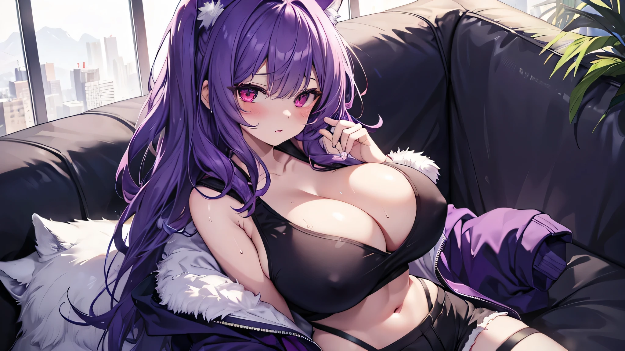 Wolf Woman, Big Breasts, Voluminous purple hair, One girl, masterpiece , Red eyes、Double teeth、tooth、Blushed cheeks、 hd, Head to Chest, buried in my chest、Underbust、Cleavage、hoodie、Shorts、Sweat in the valley、Tank top、On the sofa