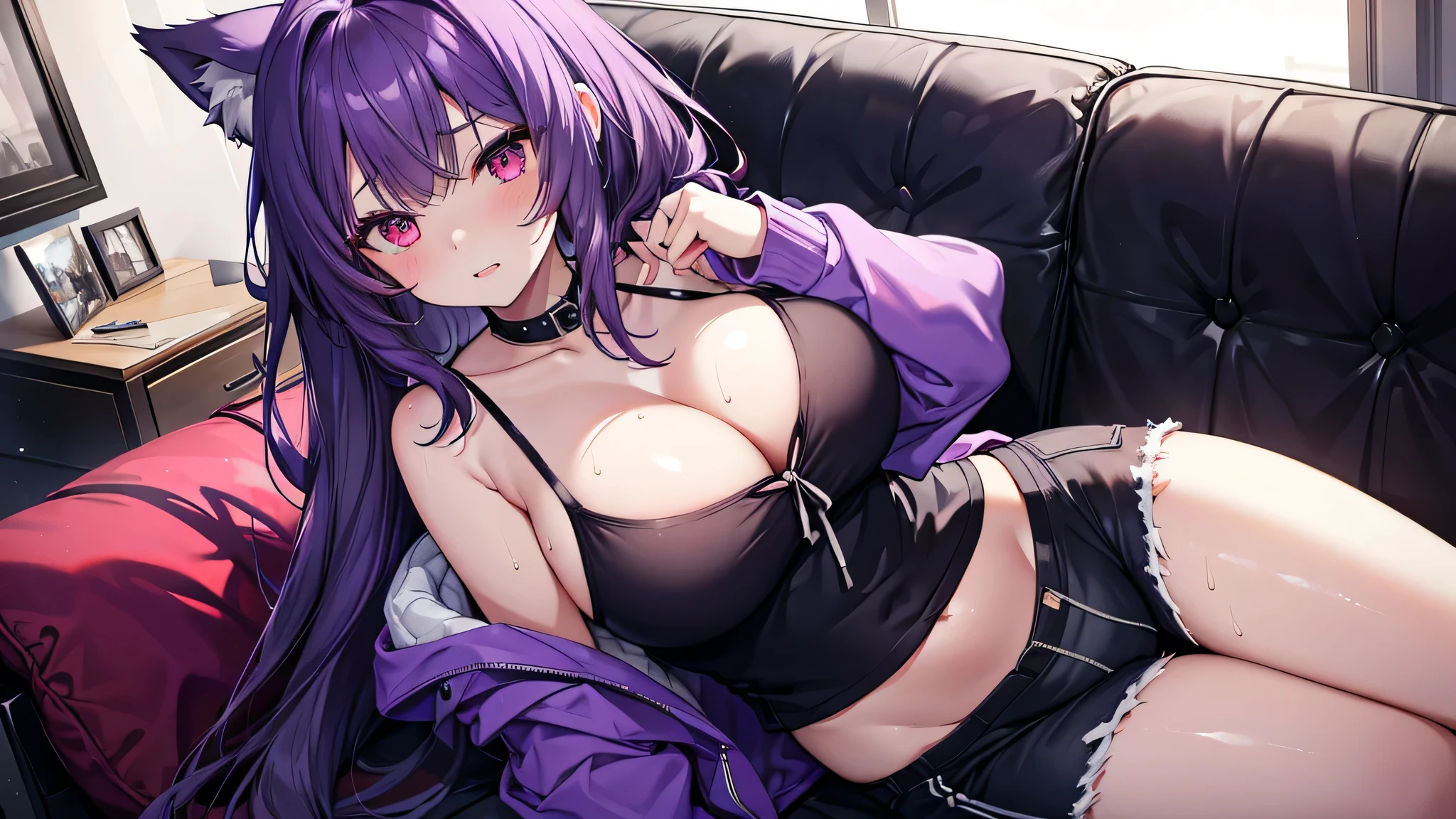 Wolf Woman, Big Breasts, Voluminous purple hair, One girl, masterpiece , Red eyes、Double teeth、tooth、Blushed cheeks、 hd, Head to Chest, buried in my chest、Underbust、Cleavage、hoodie、Shorts、Sweat in the valley、Tank top、On the sofa