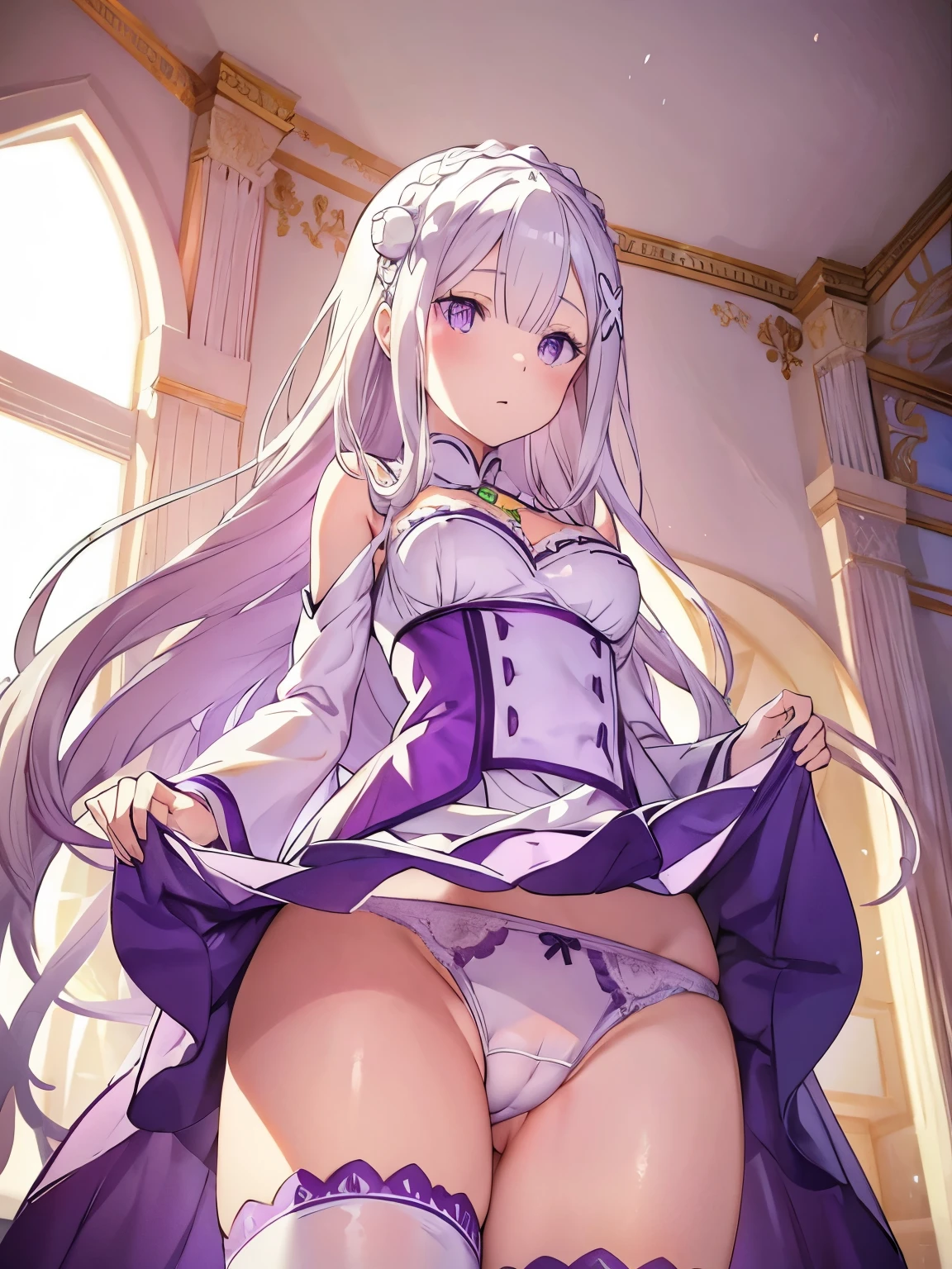 Emilia re:zero, purple eyes, Emilia, crown braid, x hair ornament, flower hair ornament, white hair, long hair, medium breasts, skirt lift, white panties, camel toe, sexy,