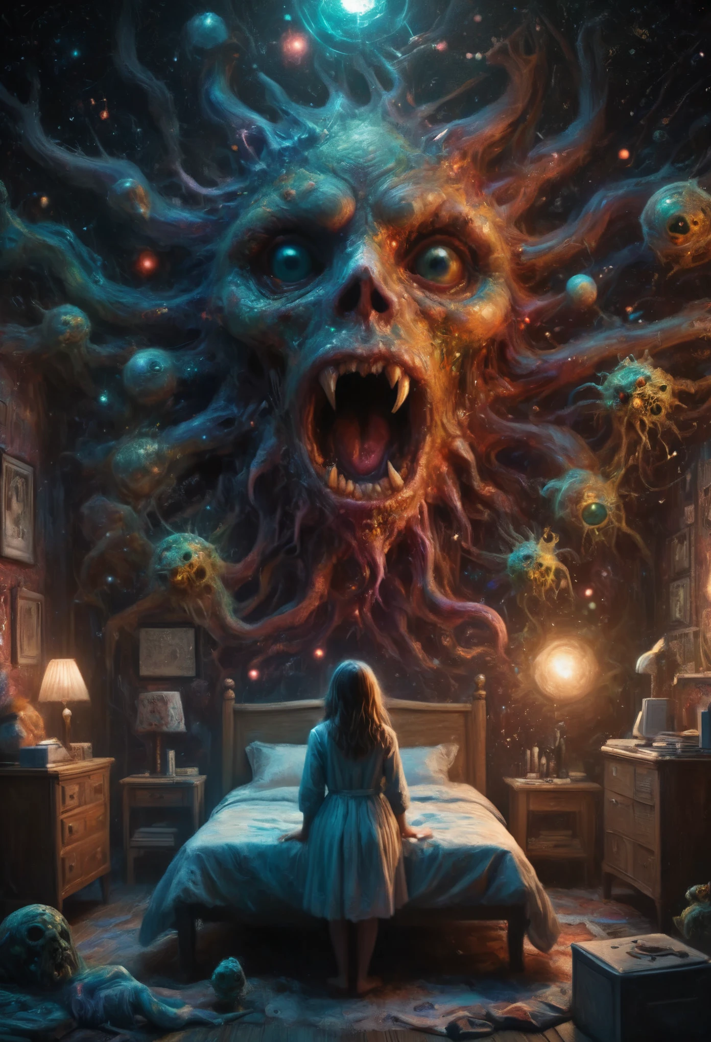 El3ctr0nStyle,  an epic scene of a nightmare with a monster scaring a girl in her room, night with stars, surrounded by bacteria and viruses, cosmic art, colorful, glowing background, masterpiece, ultra detailed, chaos, symmetric