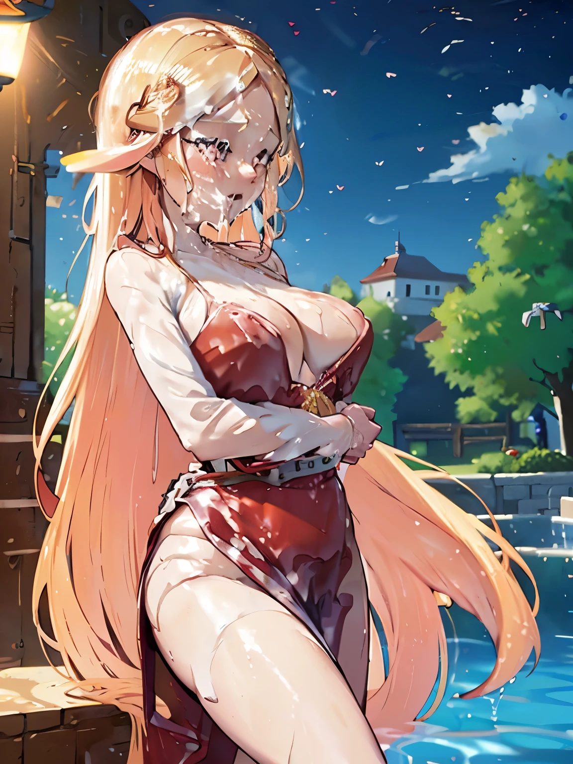 blonde very long hair, red eyes, wearing a sexy pink dress, side slit, ultrasharp, looking at the viewer, ((best quality)), ((masterpiece)), (detailed), perfect face, big breast, sexy body, sexy woman besides her, hugged, An anime scene of two girls hugging and kissing intensely, with hearts and sparkles floating around them as they stand in pool of water