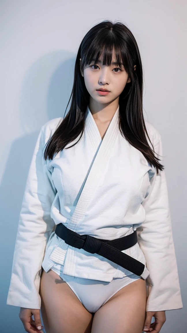alone、high school girl、16 years old、Natural body shape、White skin、Natural Makeup、Black Hair、bangs、Straight Long Hair、、((((White judo uniform、Black belt))))、、Standing with legs apart、(((((Big Breasts)))))、(((Small size pure white panties)))、((The upper body is wearing a judo uniform))、dojo、(((Looking at the camera)))、Thighs exposed、(((Head to thigh portrait)))、((Her chest is exposed))