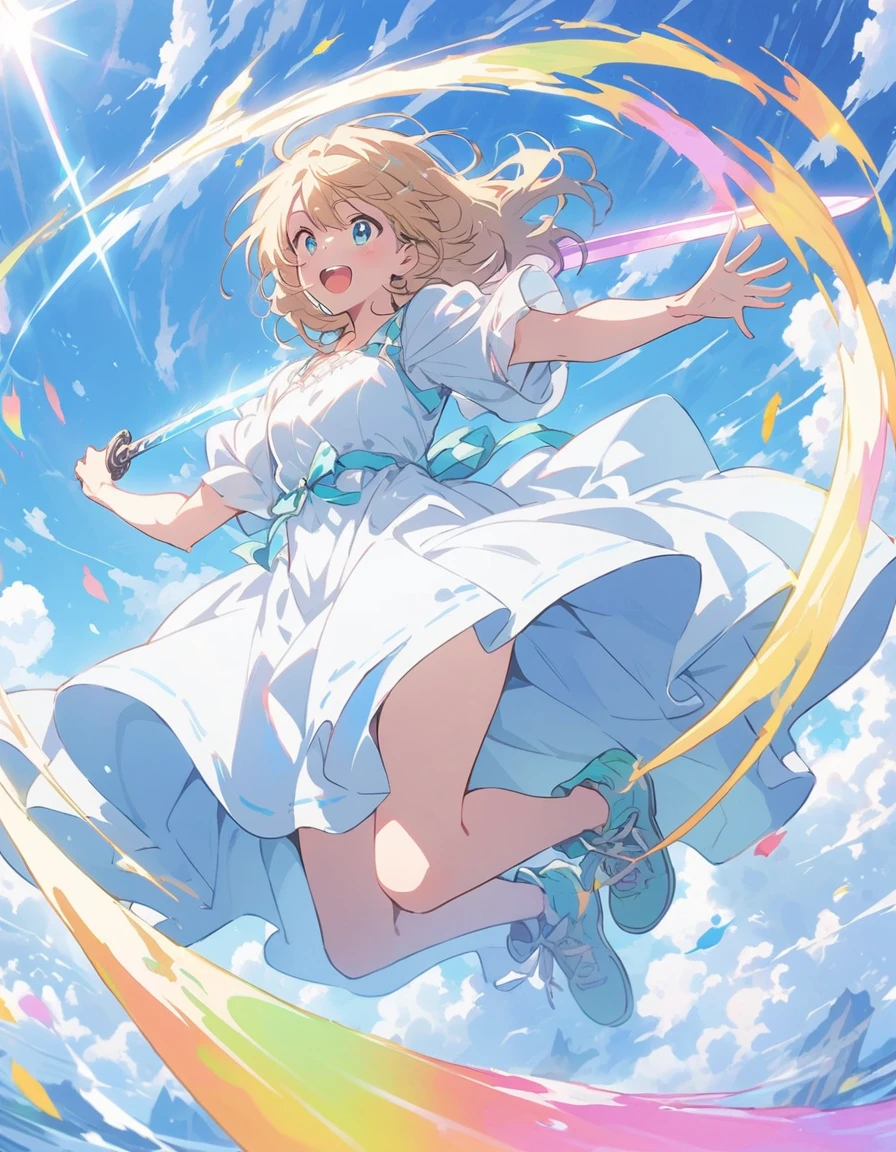 (1 young man:1.4、Brave)、(Handsome)、Fantasy、(White and light blue dress:1.5、Director's Suit:1.4)、(twin sword:1.4)、(He holds a rainbow-colored sword in each hand.)(highest quality、masterpiece、High resolution、detailed)、animeスタイル、Flat Style、(eyes shining iridescent colors illuminated light,、detailed美しい顔),  BREAK,extremely detailed、Slashing Effects、cool、Full Body、Dynamic Angle、anime