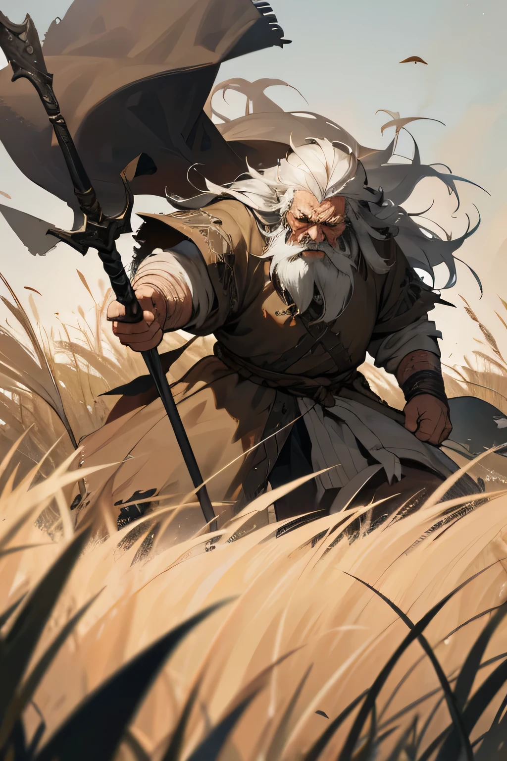 Old man, viking clothes, worn down clothes, unkempt hair, long beard. grass fields, hair covering side of face, angry, enraged, holding spear up, angry screaming