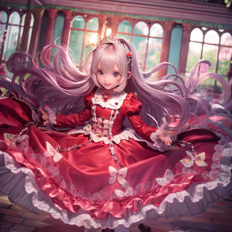 ,highest quality, masterpiece, Highest Resolution, artwork, super それにGet used to it, many Get used to it, Get used to it, それにGet used to it, 3K realistic photos,,((10 year old little girls)),Super detailed baby face,They're both princesses.,Full-length ball gown dress with hoop skirt,Frilled yoke collar,Finely woven ribbon on the chest,Puff sleeves,Long sleeve,((lolita style hot pink princess satin dress、Comes with lots of frills and ribbons。)),crazy'Colorful Fashion,Shiny silk satin dress,Soft and smooth silk satin fabric,luxury,Very long blonde hair,blue eyes,white skin european,pajamas,((Outside the palace)),Happy dancing princess,Gorgeous flowing dress,Fine white ruffles and lace,Super long hair as long as her body,the princess is running