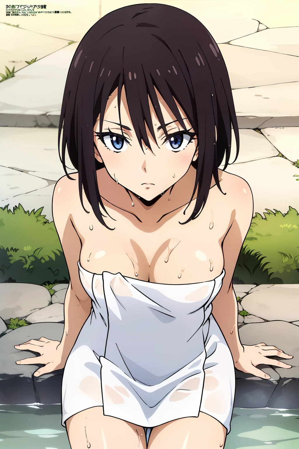 (anime cels style, Masterpiece, best quality, high resolution, anime colored, megami magazine:1.2, anime poster style, anime keyvisual, sharp, 8k, photorealistic), (beautiful eyes:1.5), sakaguchihinata\(ttigraas\), 1girl, cute, black hair, very short hair, large breast, cleavage, nude, (wet Naked towel:1.5), (cowboy shot, sitting), (perfect detailed anatomy, perfect arms, perfect fingers, beautiful face, perfect body, shiny skin), onsen, wet