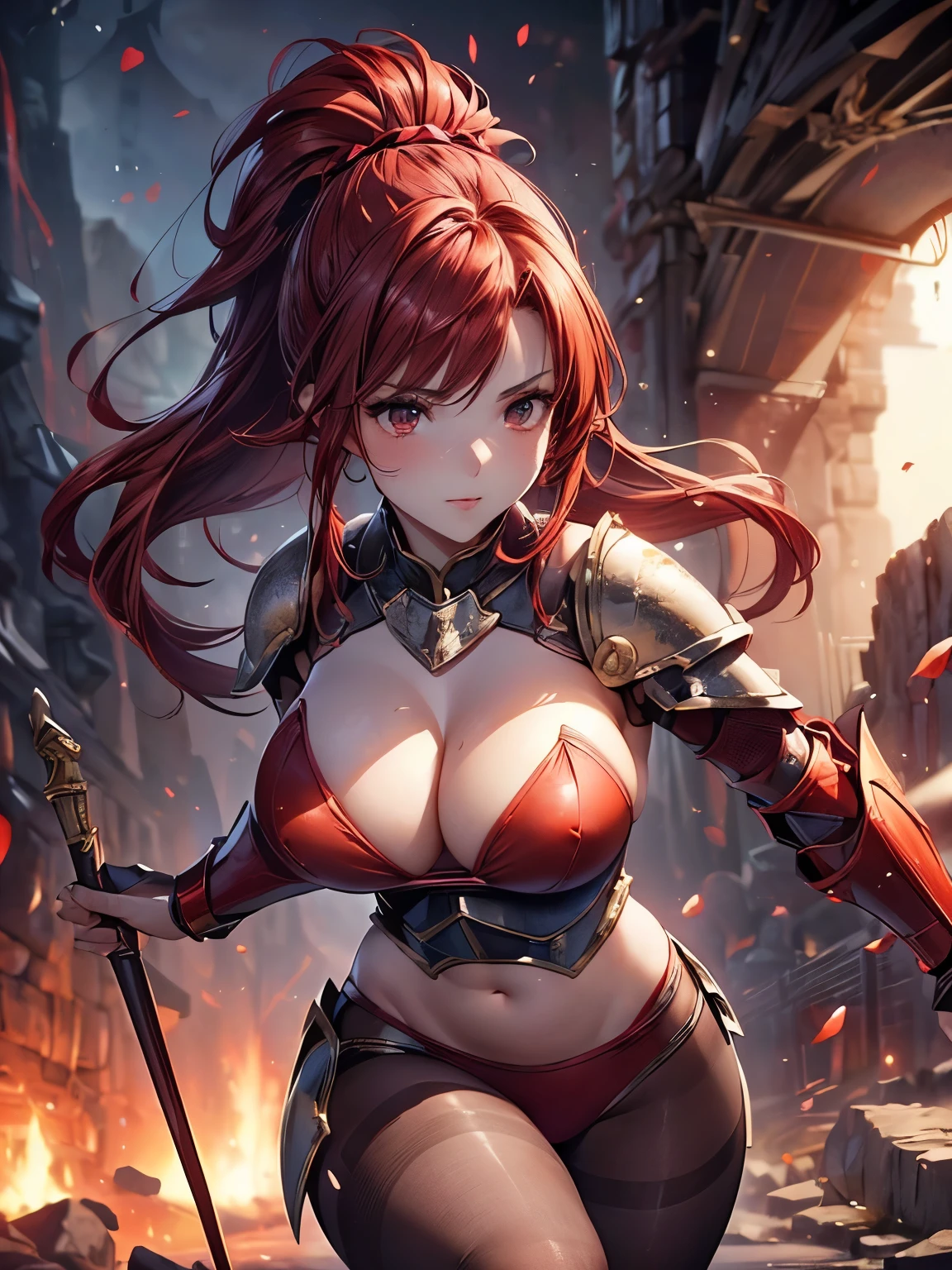 highest quality、Nice sexy body、One Woman、solo、(Beautiful busty woman:1.5)、Woman with ponytail、((Woman with dark red hair))、female knight、((Woman in a red bikini))、((woman with full armor:1.4))、((A woman wearing brown pantyhose))、Inside the cave、A woman running through while swinging a sword