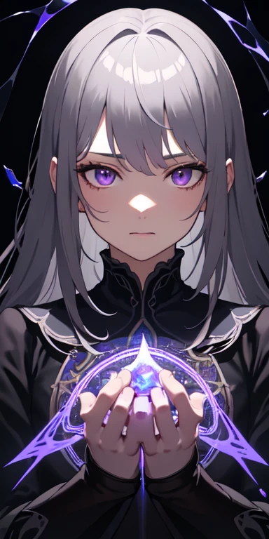 (masterpiece, highest quality, Very detailed, Best Shadow), (Detailed Background,Dark fantasy), (Beautifully detailed face), High Contrast, (Best lighting, Very delicate and beautiful), ((Cinematic Light)), colorful, Hyper Detail, Dramatic Light, Intricate details, (One girl, alone,Gray Hair, Sharp Face,Purple eyes, Hair between the eyes,Dynamic Angle), Blood splatter, Black light swirling around the character, Depth of written boundary,black light particles,(Broken glass),magic circle,