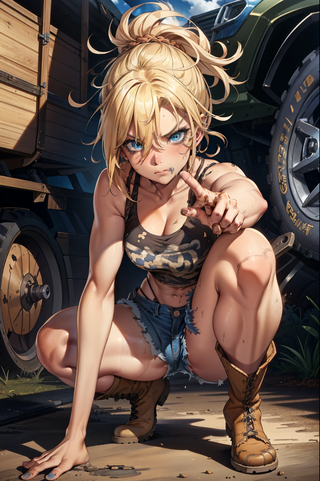 ,blue eyes, blonde hair, ruined makeup, (extremely detailed CG unity 4k wallpaper),(masterpiece),(best quality),(ultra-detailed),(best illustration),(best shadow),(absurdres),(detailed background), Trailer park trash, Short blonde hair (unkempt and messy), Croptop tank top (dirty), denim short skirt (dirty), Cowgirl boots, drunk angry expression, Aggressive pose,