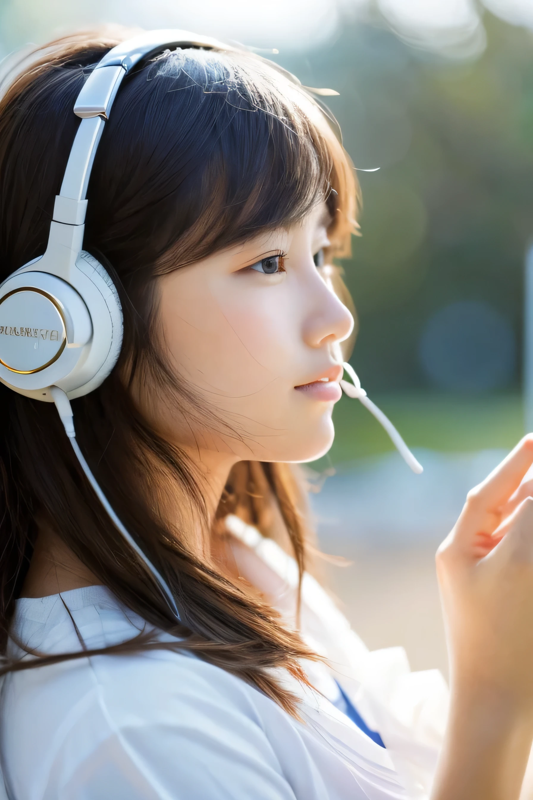 Close-up of upper body ,masterpiece, highest quality, Girl listening to music with headphones、Cheek cane with right hand、Left hand holds mug、She looks like a slender high school girl.、Makoto Shinkai's Style。
