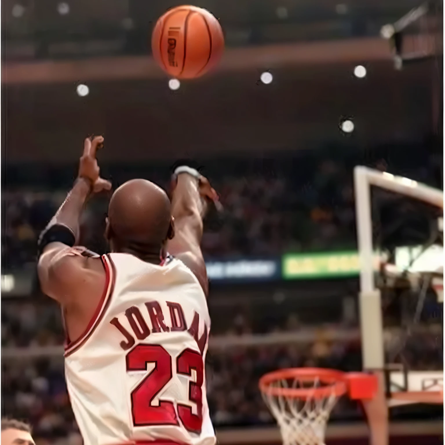 arafed shot of a basketball player in a white jersey shooting a basketball, michael jordan, perfect shot, from then on a basketball, breathtaking shot, shoulder level shot, jordan, high midair shot, number 31!!!!!, legendary epic shot, dynamic action shot, award winning shot, mid air shot, action shot, eye level shot, amazing shot, flying shot