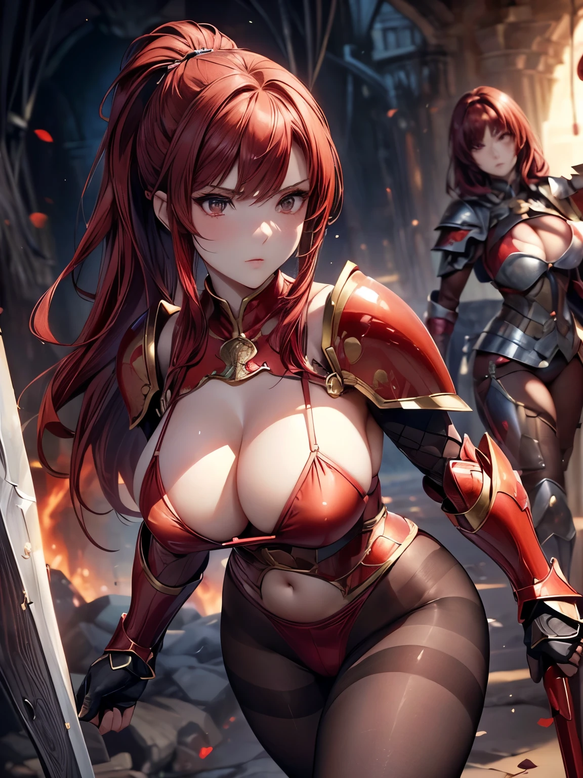 highest quality、Nice sexy body、One Woman、solo、(Beautiful busty woman:1.5)、Woman with ponytail、((Woman with dark red hair))、female knight、((Woman in a red bikini))、((woman with full armor:1.3))、((A woman wearing brown pantyhose))、Woman with a serious face、Inside the cave、Holding a sword