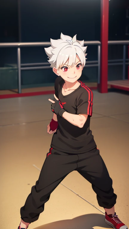 Boy, slim, Cute, red eyes, Short silver hair, On the Playground, looks at the viewer, happy smiling, boy chest, wide black sweatpants with white stripe on the sides, wet, elbow-length combat gloves, fighting stance, full length picture
