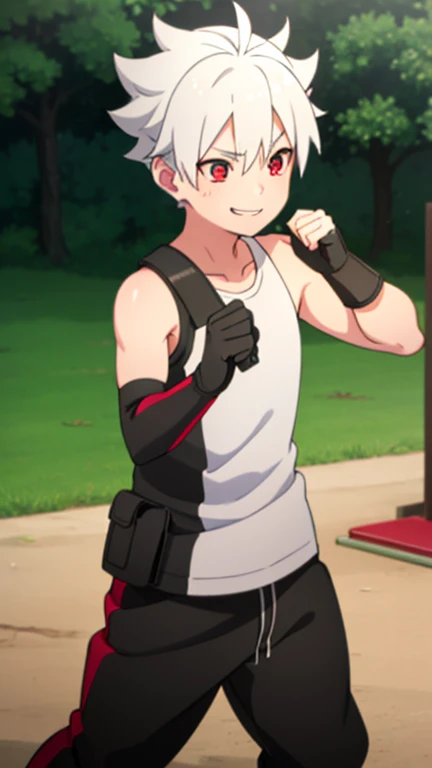 Boy, slim, Cute, red eyes, Short silver hair, On the Playground, looks at the viewer, happy smiling, boy chest, wide black sweatpants with white stripe on the sides, wet, elbow-length combat gloves, fighting stance, full length picture