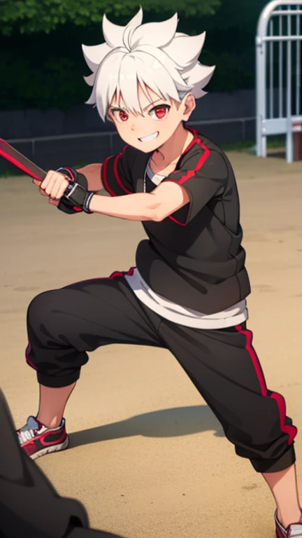 Boy, slim, Cute, red eyes, Short silver hair, On the Playground, looks at the viewer, happy smiling, boy chest, wide black sweatpants with white stripe on the sides, wet, elbow-length combat gloves, fighting stance, full length picture