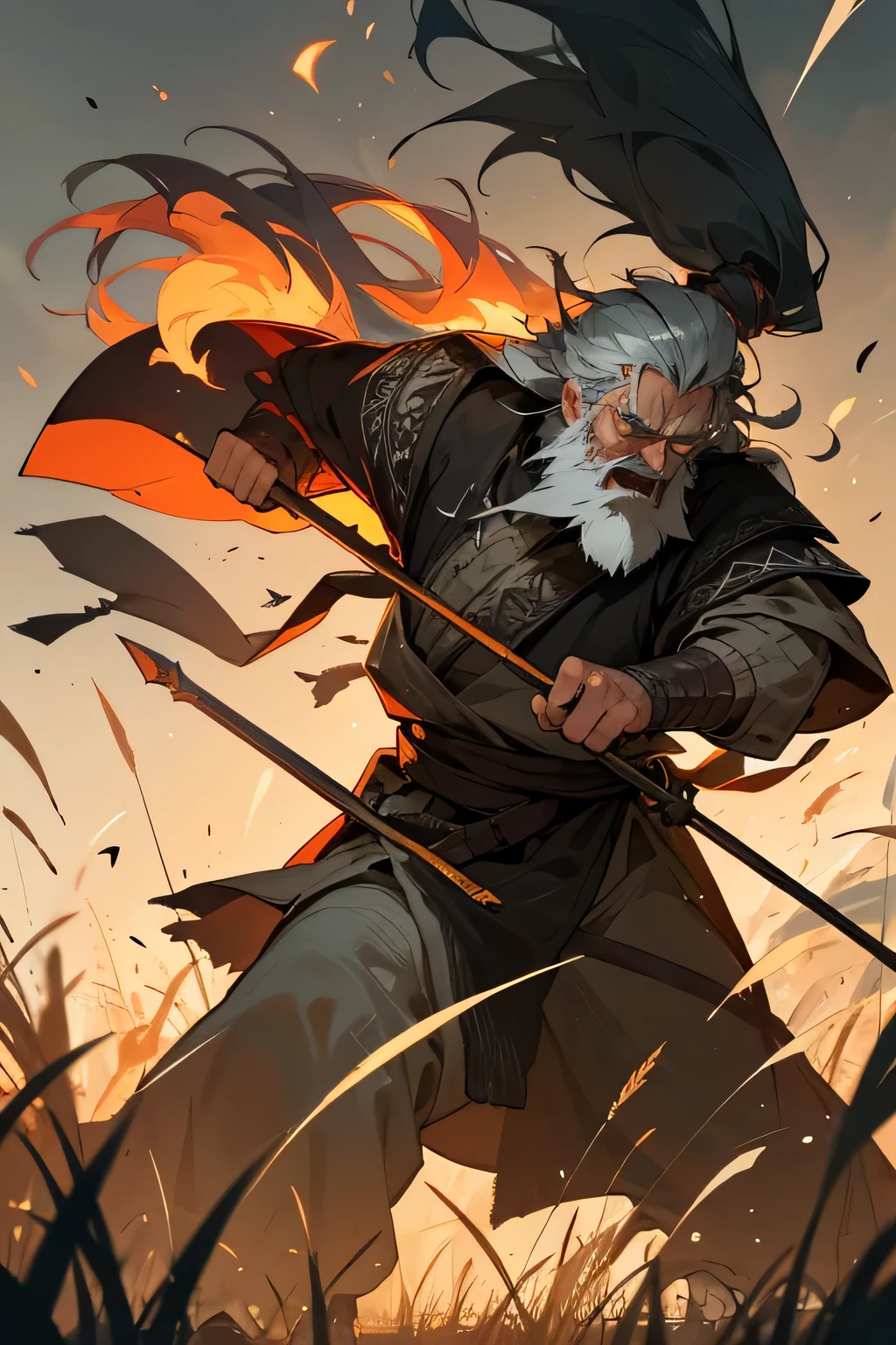 Old man, viking clothes, worn down clothes, unkempt hair, long beard. grass fields, hair covering side of face, angry, enraged, holding spear up, angry screaming, fire in background