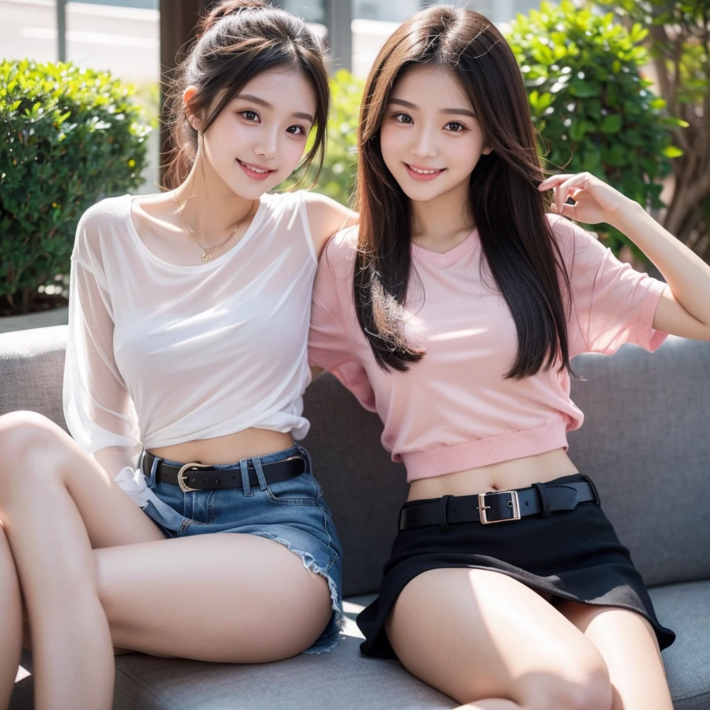 Beautiful Girl 18 years old is sitting and smiling in University. She wear small see through shirt and black short mini skirt. Small legs, brown belt , put on make up, pink mouth, sexy post.