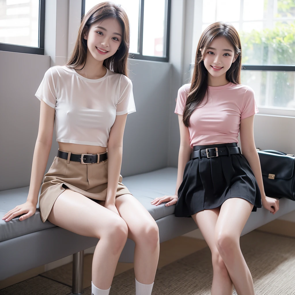 Beautiful Girl 18 years old is sitting and smiling in University. She wear small see through shirt and black short mini skirt. Small legs, brown belt , put on make up, pink mouth, sexy post.